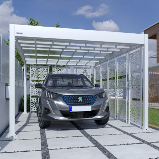 Carport double pente LIBECCIO 16m² en alu blanc et polycarbonate + 8 panneaux – Trigano