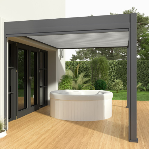 Pergola bioclimatique adossée en alu gris anthracite - lames blanches - 3x4m Ombrea VS