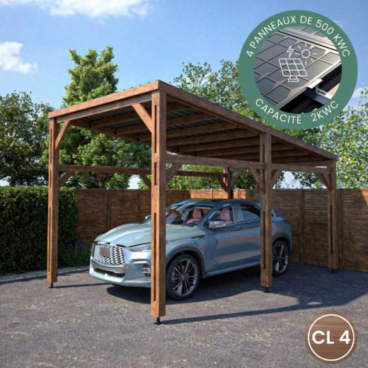 Carport simple en bois PEFC autoclave marron + toit en acier et kit solaire 15,5m² ELIO - Cerland