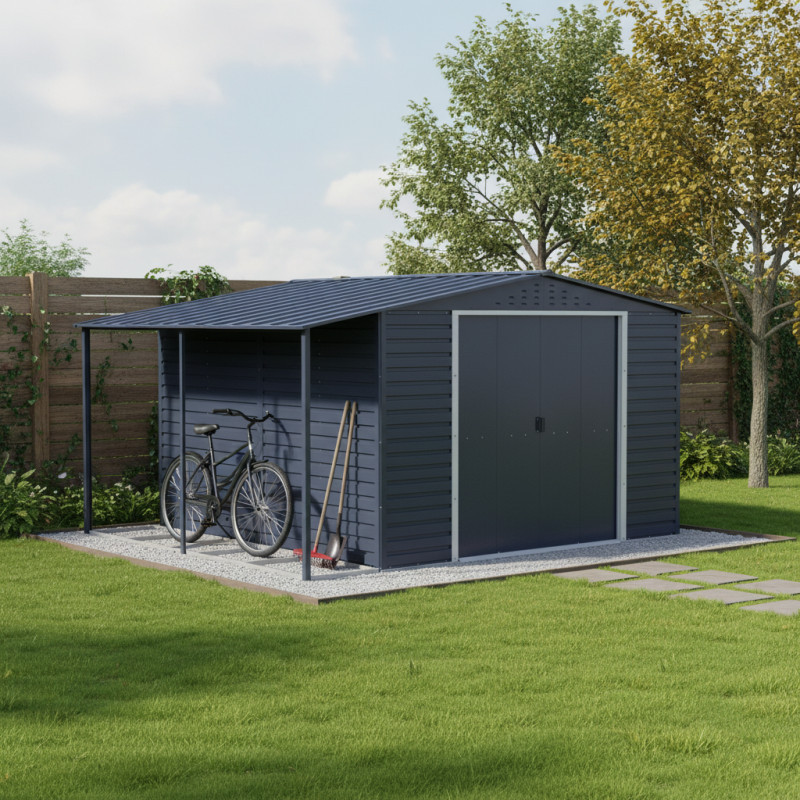 Abri de jardin en métal anthracite 9,75m² avec appentis + kit fondation ALPINE - DURAMAX
