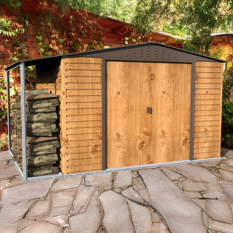 Abri de jardin en métal imitation bois 7,81m² avec appentis + kit fondation ALPINE - DURAMAX