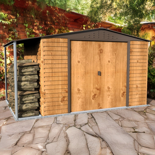 Abri de jardin en métal imitation bois 7,81m² avec appentis + kit fondation ALPINE - DURAMAX