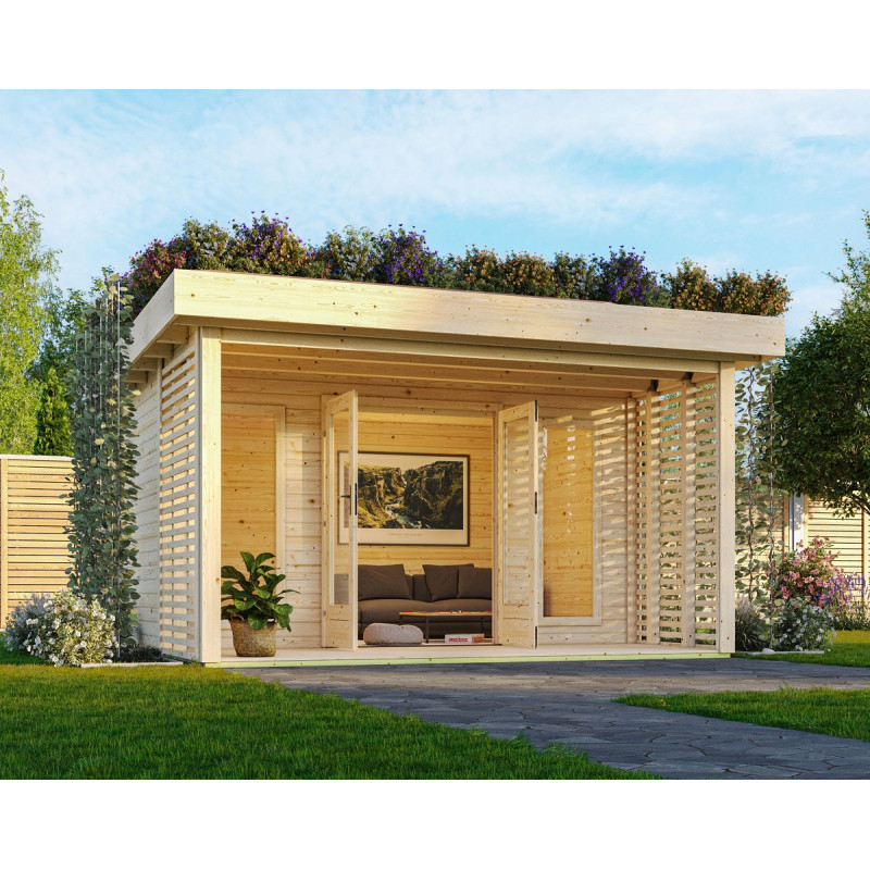 Abri de jardin en bois brut 15,7m² avec terrasse et kit de végétalisation du toit - Lily - Karibu