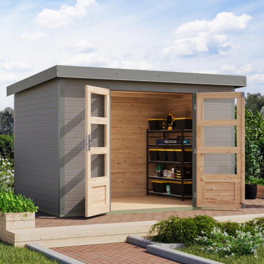 Abri de jardin en bois gris clair 19mm - acier gris - 6,4m² Jupiter 4D – Karibu
