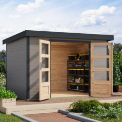 Abri de jardin en bois gris clair 19mm - acier anthracite - 6,4m² Jupiter 4D – Karibu