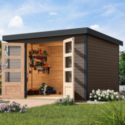 Abri de jardin en bois gris terre 19mm - acier anthracite - 7,2m² Jupiter 5B – Karibu