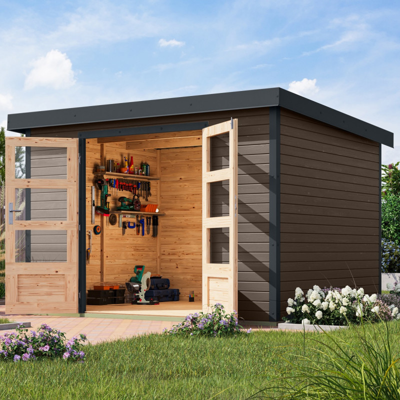 Abri de jardin en bois gris terre 19mm - acier anthracite - 7,2m² Jupiter 5B – Karibu