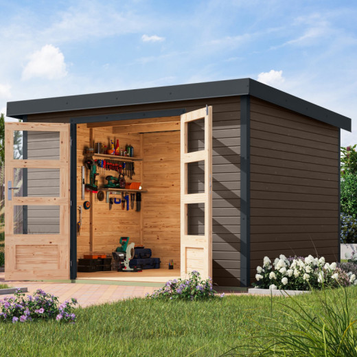 Abri de jardin en bois gris terre 19mm - acier anthracite - 7,2m² Jupiter 5B – Karibu