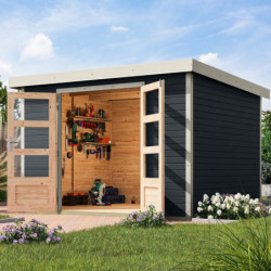 Abri de jardin en bois anthracite 19mm - acier blanc - 7,2m² Jupiter 5B – Karibu
