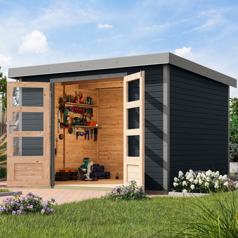 Abri de jardin en bois anthracite 19mm - acier gris - 7,2m² Jupiter 5B – Karibu