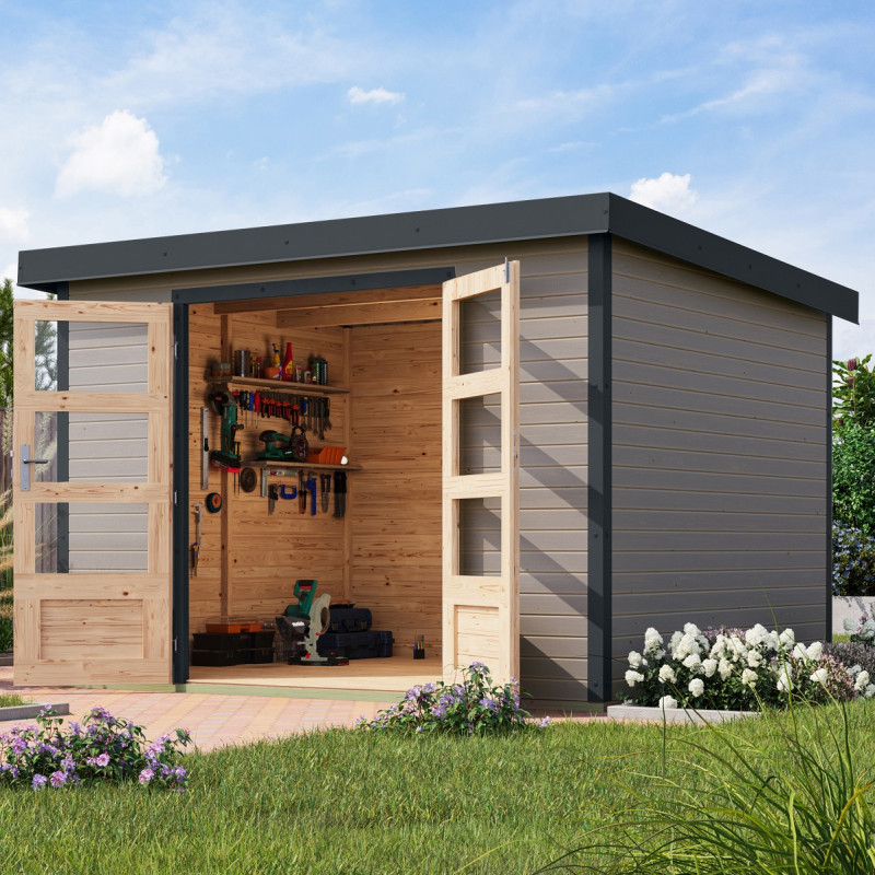 Abri de jardin en bois gris clair 19mm - acier anthracite - 7,2m² Jupiter 5B – Karibu