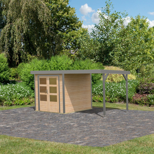 Abri de jardin en bois brut 19mm - acier gris - 4,45m² Jupiter 2A + appentis 235cm – Karibu