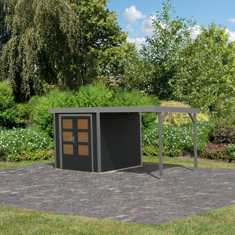 Abri de jardin en bois anthracite 19mm - acier gris - 4,45m² Jupiter 2C + appentis 235cm – Karibu