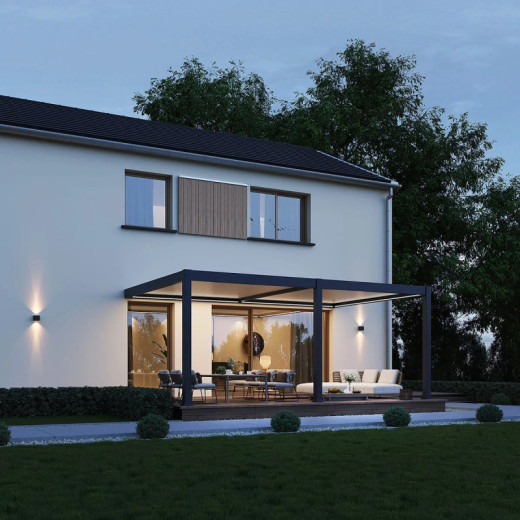 Pergola bioclimatique adossée en alu anthracite - lames blanches 4x6m - motorisée - ELMO Ombrea