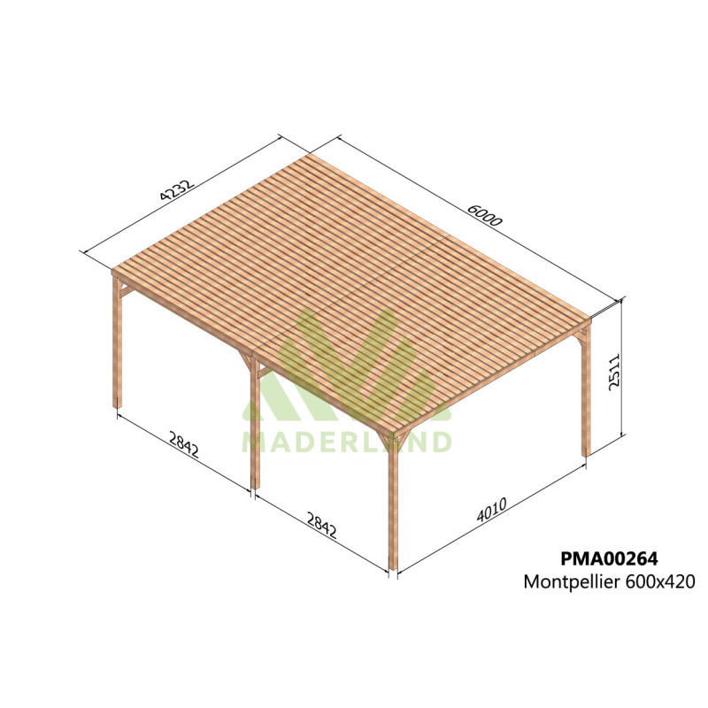 Pergola adossée en bois massif traité et toit semi-couvert 600x400cm Montpellier – Maderland