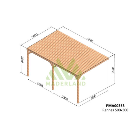 Pergola adossée en bois massif traité et toit en bois 500x300cm RENNES – Maderland