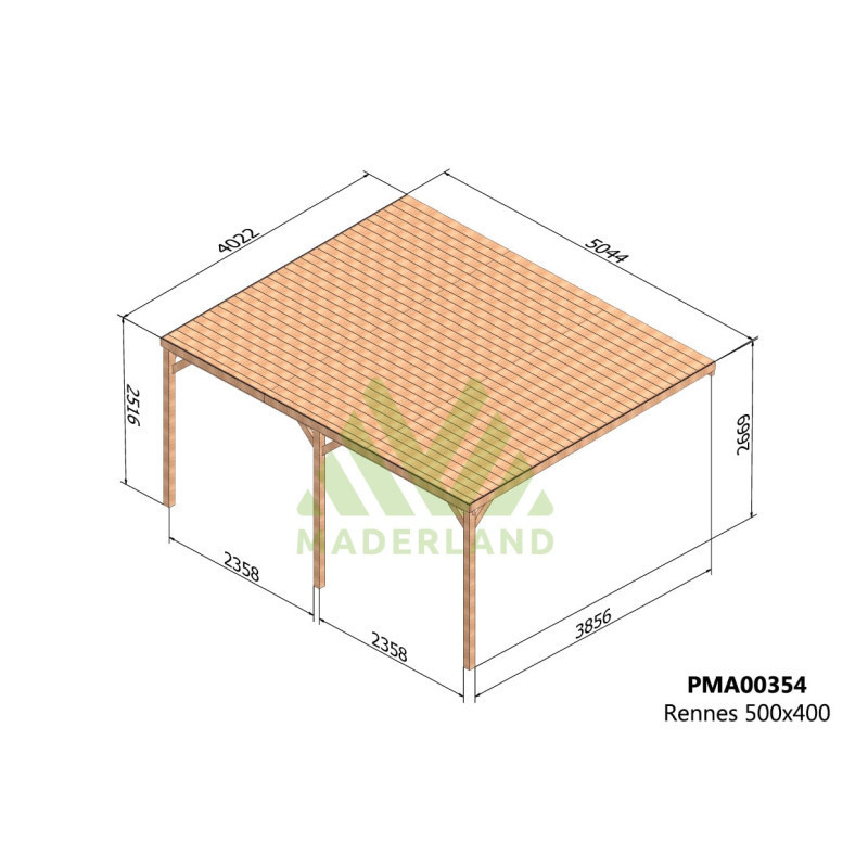 Pergola adossée en bois massif traité et toit en bois 500x400cm RENNES – Maderland