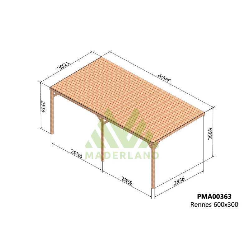 Pergola adossée en bois massif traité et toit en bois 600x300cm RENNES – Maderland