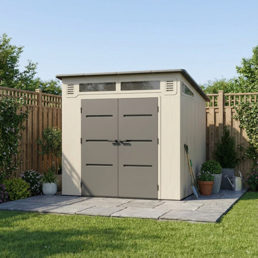 Abri de jardin HDPE Sunlife monopente 6,5m² crème et gris + plancher - JOBU