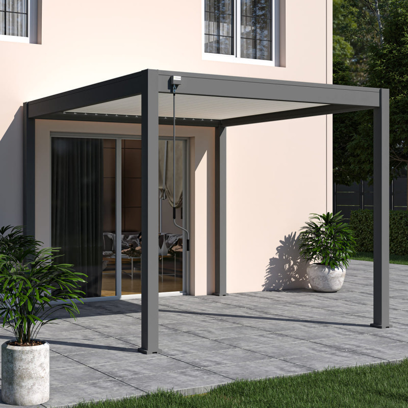 Pergola bioclimatique autoportante en alu anthracite et lames blanches blanc 3x3m Ombrea VS