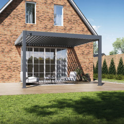 Pergola bioclimatique adossée en alu gris anthracite 4x4m Ombrea VS