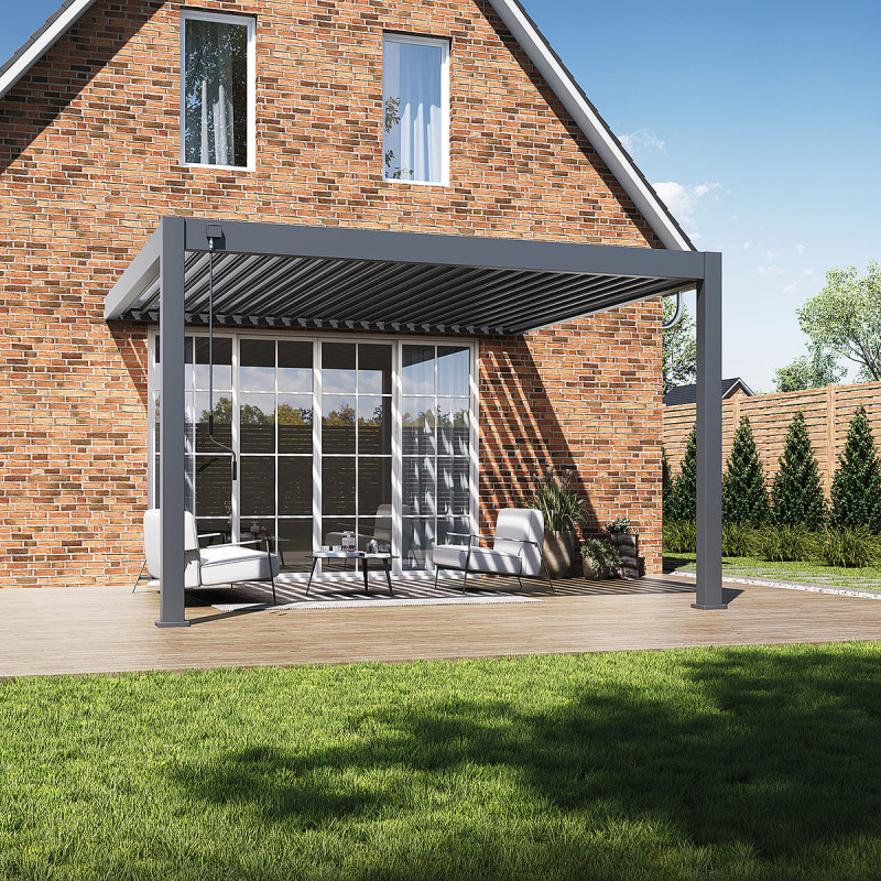 Pergola bioclimatique adossée en alu gris anthracite 4x4m Ombrea VS