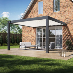 Pergola bioclimatique adossée en alu gris anthracite et lames blanches 4x4m Ombrea VS