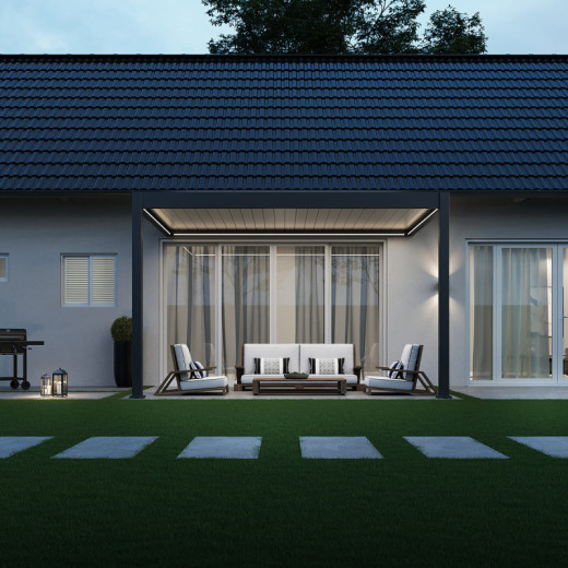 Pergola bioclimatique adossée en alu anthracite - lames blanches 3x4m - motorisée - ELMO Ombrea
