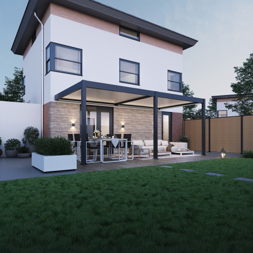 Pergola bioclimatique adossée en alu anthracite - lames blanches 3x6m - motorisée - ELMO Ombrea