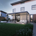Pergola bioclimatique adossée en alu anthracite - lames blanches 3x6m - motorisée - ELMO Ombrea