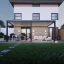 Pergola bioclimatique adossée en alu anthracite - lames blanches 3x6m - motorisée - ELMO Ombrea