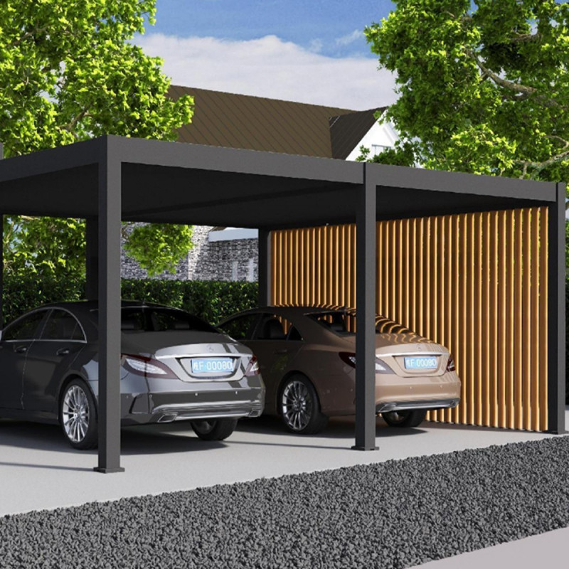 Carport double 30m² en aluminium anthracite et toit en acier - Ombrea