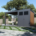 Pergola bioclimatique autoportante en alu anthracite 3x3m + abri 6m² - Ombrea VS
