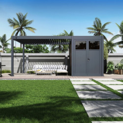 Pergola bioclimatique autoportante en alu anthracite 3x4m + abri 6m² - Ombrea VS