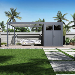 Pergola bioclimatique autoportante en alu anthracite - lames blanches - 3x4m + abri 6m² - Ombrea VS