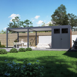 Pergola bioclimatique autoportante en alu anthracite - lames blanches - 3x6m + abri 6m² - Ombrea VS