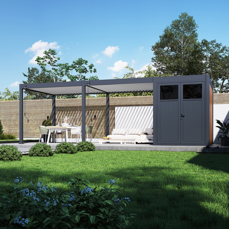 Pergola bioclimatique autoportante en alu anthracite - lames blanches - 3x6m + abri 6m² - Ombrea VS