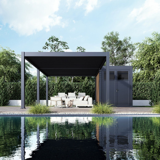 Pergola bioclimatique autoportante en alu anthracite 4x6m + abri 6m² - Ombrea VS