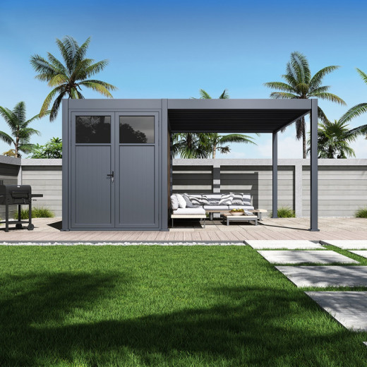 Pergola bioclimatique autoportante en alu anthracite 3x4m + abri 8m² - Ombrea VS