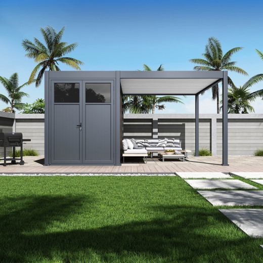 Pergola bioclimatique autoportante en alu anthracite - lames blanches - 3x4m + abri 8m² - Ombrea VS