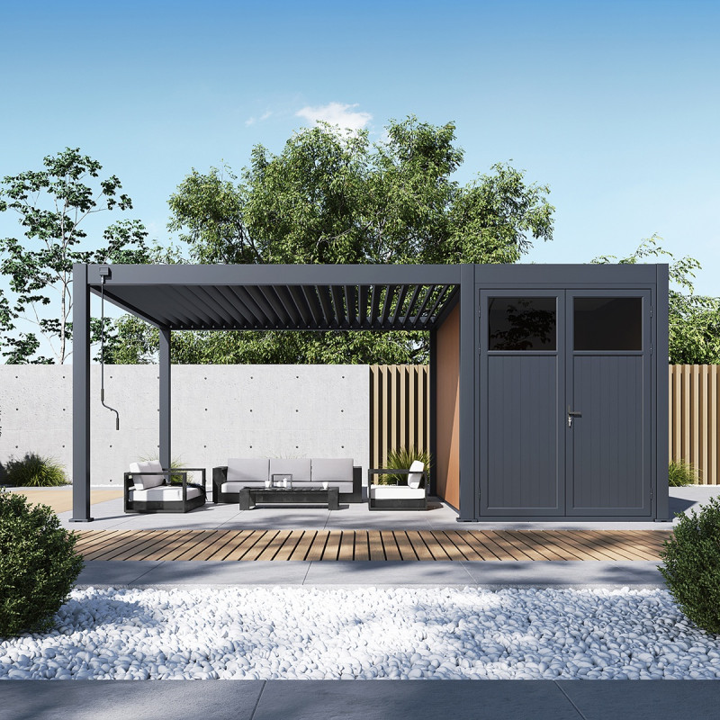 Pergola bioclimatique autoportante en alu anthracite 4x4m + abri 8m² - Ombrea VS
