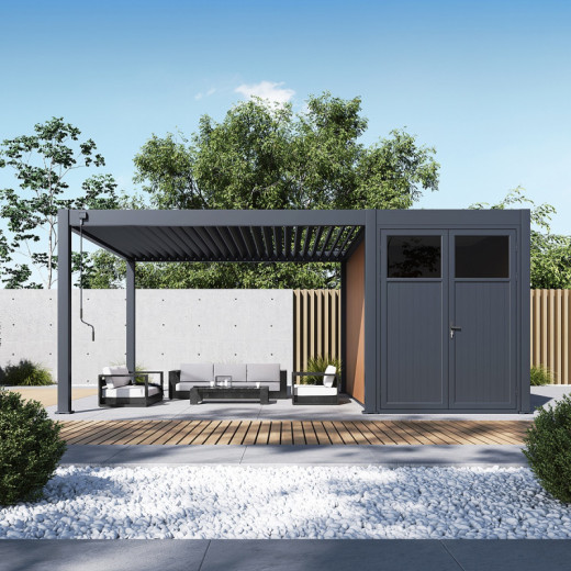 Pergola bioclimatique autoportante en alu anthracite 4x4m + abri 8m² - Ombrea VS
