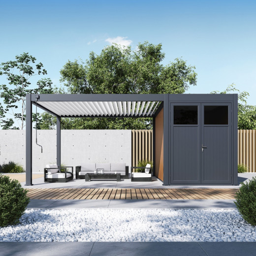 Pergola bioclimatique autoportante en alu anthracite - lames blanches - 4x4m + abri 8m² - Ombrea VS