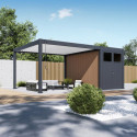 Pergola bioclimatique autoportante en alu anthracite - lames blanches - 4x4m + abri 8m² - Ombrea VS
