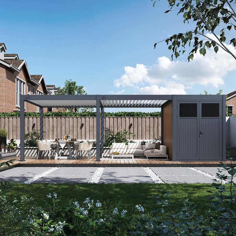 Pergola bioclimatique autoportante en alu anthracite - lames blanches - 4x6m + abri 8m² - Ombrea VS