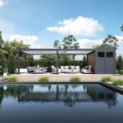 Pergola bioclimatique autoportante en alu anthracite - lames blanches - 4x8m + abri 8m² - Ombrea VS