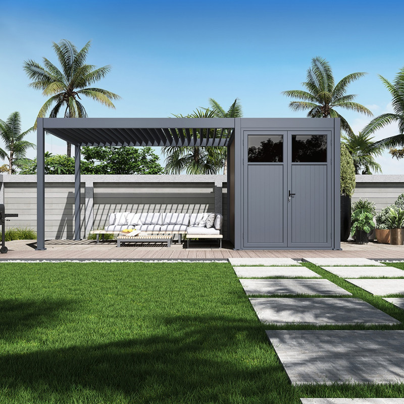 Pergola bioclimatique autoportante motorisée en alu anthracite 3x4m + abri 6m² - ELMO - Ombrea