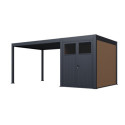 Pergola bioclimatique autoportante motorisée en alu anthracite 3x4m + abri 6m² - ELMO - Ombrea