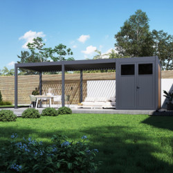 Pergola bioclimatique autoportante motorisée en alu anthracite 3x6m + abri 6m² - ELMO - Ombrea
