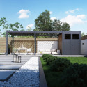 Pergola bioclimatique autoportante motorisée en alu anthracite 3x6m + abri 6m² - ELMO - Ombrea